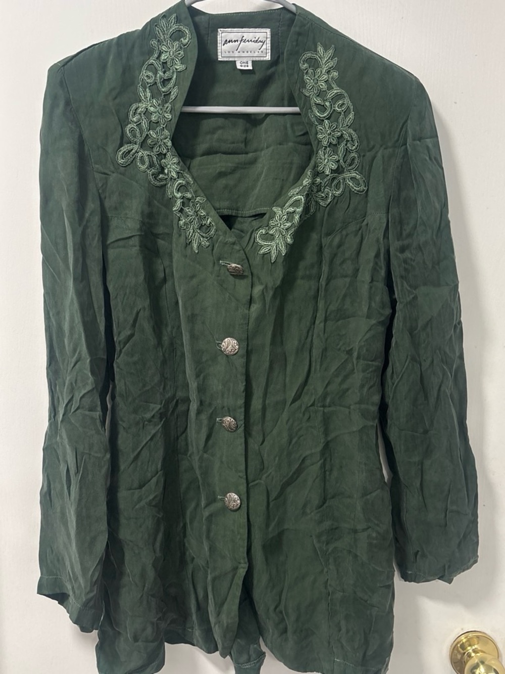 Ann Ferriday Olive Green Floral-Embroidered Blouse
